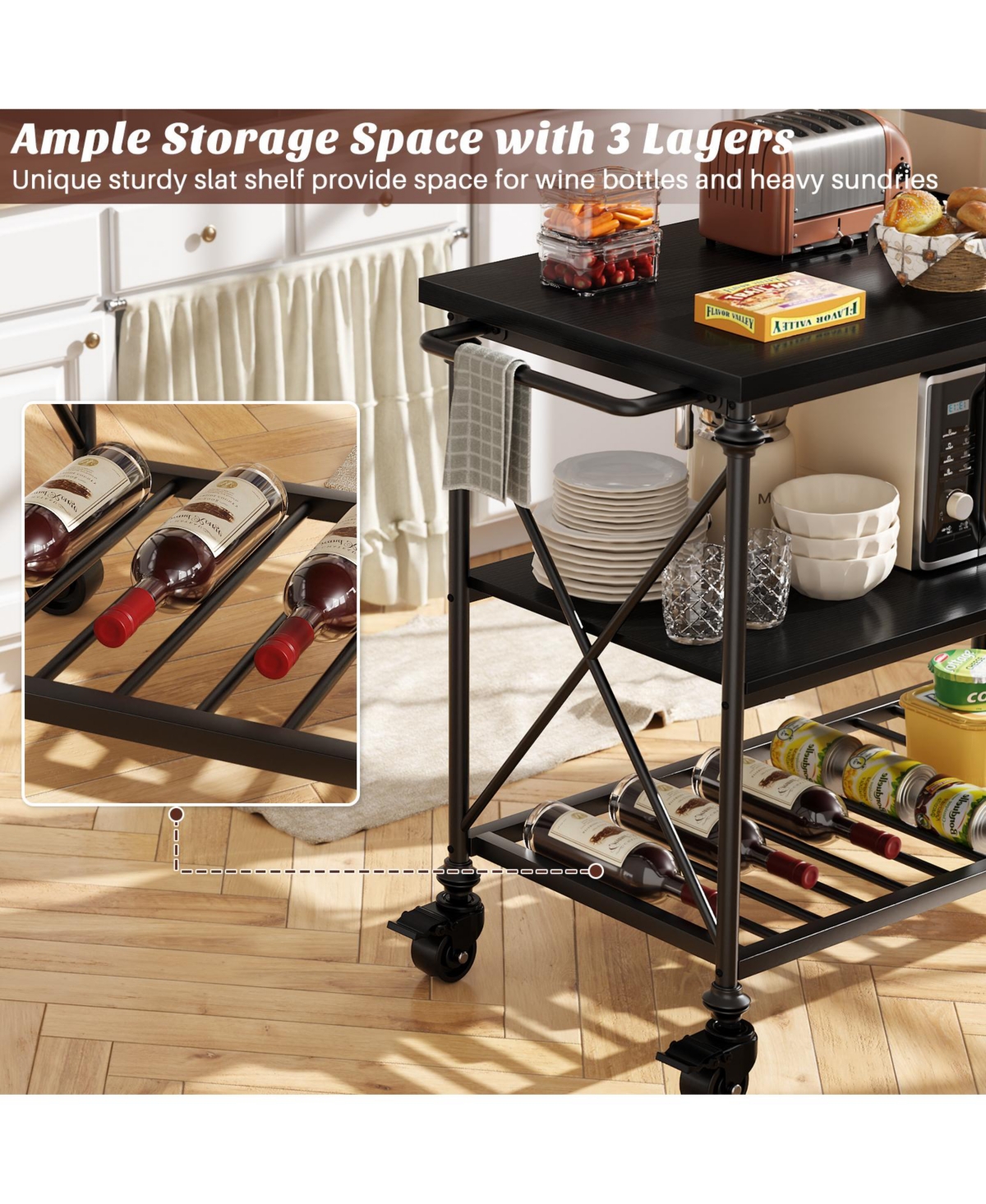 Aheaplus 3-Tier Kitchen Island Cart with Wheels, Storage Shelves Lockable Casters