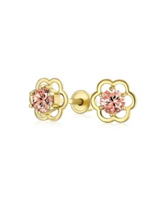 Tiny Cubic Zirconia Pink CZ Center Open Flower Stud Earrings 14K Gold Screw-back