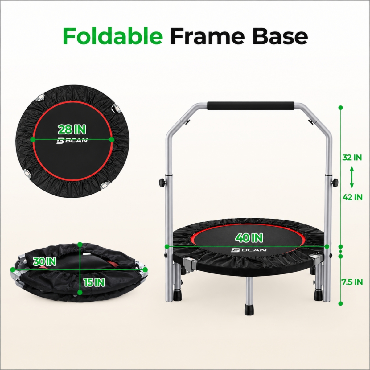 Bcan Foldable Mini Trampoline, 330lbs Fitness Rebounder with Adjustable Foam Handle for Indoor/Garden Workout