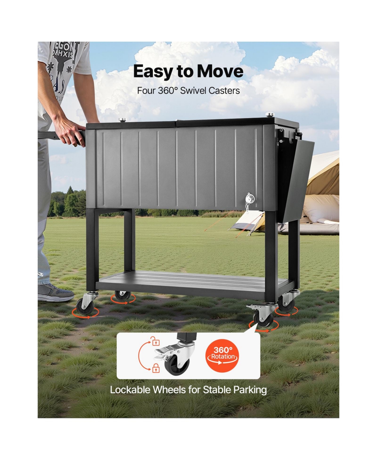 Cozito 80QT Rolling Ice Chest Cart with Bottom Shelf and Foldable Side Shelves