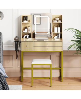 31" Small Vanity Desk with Mirror and 3-Color Lights – Makeup Vanity Set with Built-in Charging Station, 6 Storage Shelves and 3 Drawers