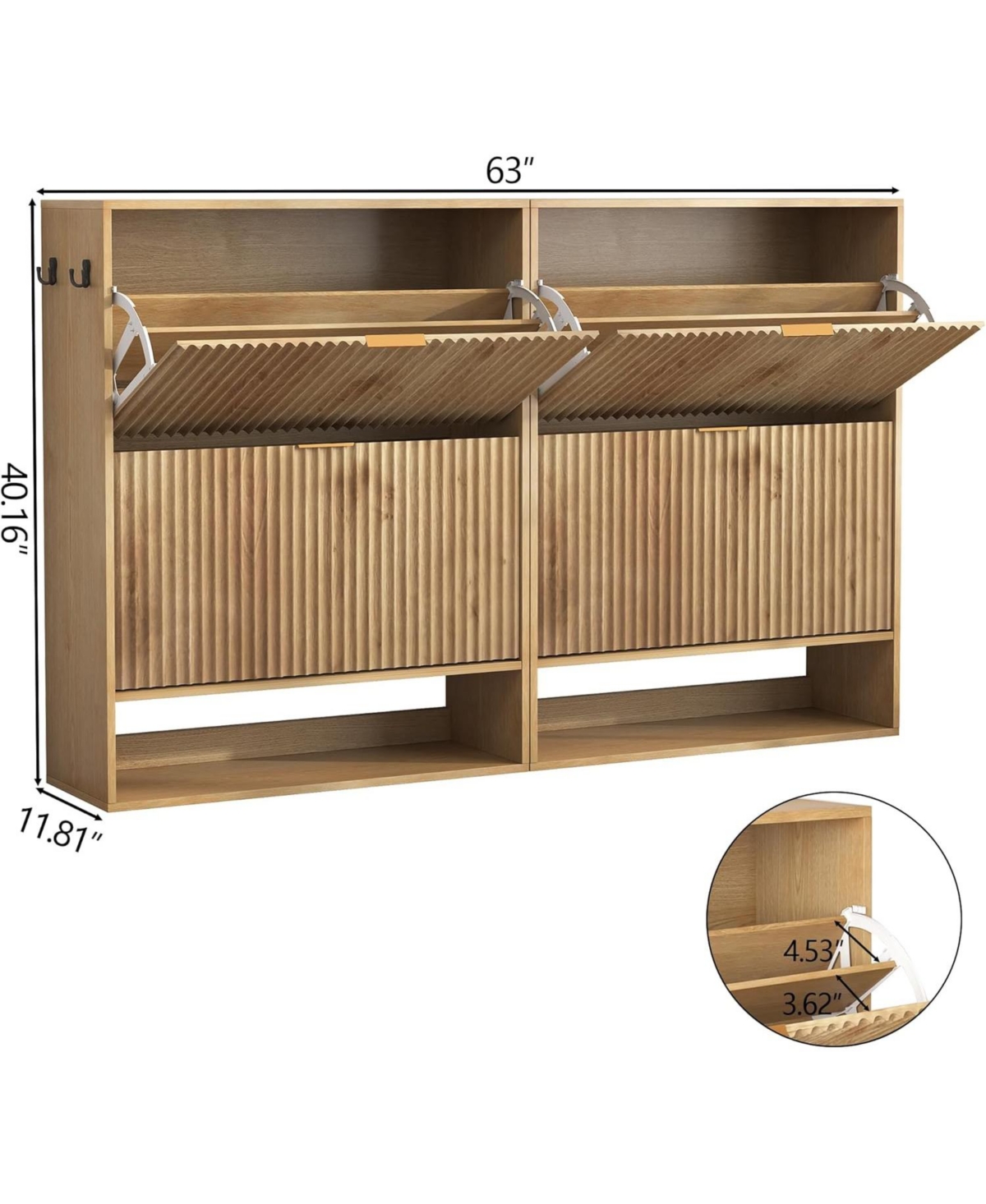 gaomon Set of 2 Fluted Shoe Cabinets for Entryway, Slim Freestanding Shoe Storage with Flip Drawers, Open Shelf and Side Hooks