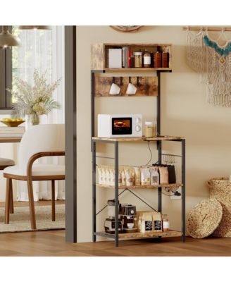 Freestanding Kitchen Storage Shelf, Coffee Bar Organizer with Power Outlet and USB Ports