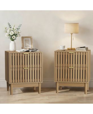 Mid-Modern Oak Bedside Table with Grille Design, 2-Drawer Set