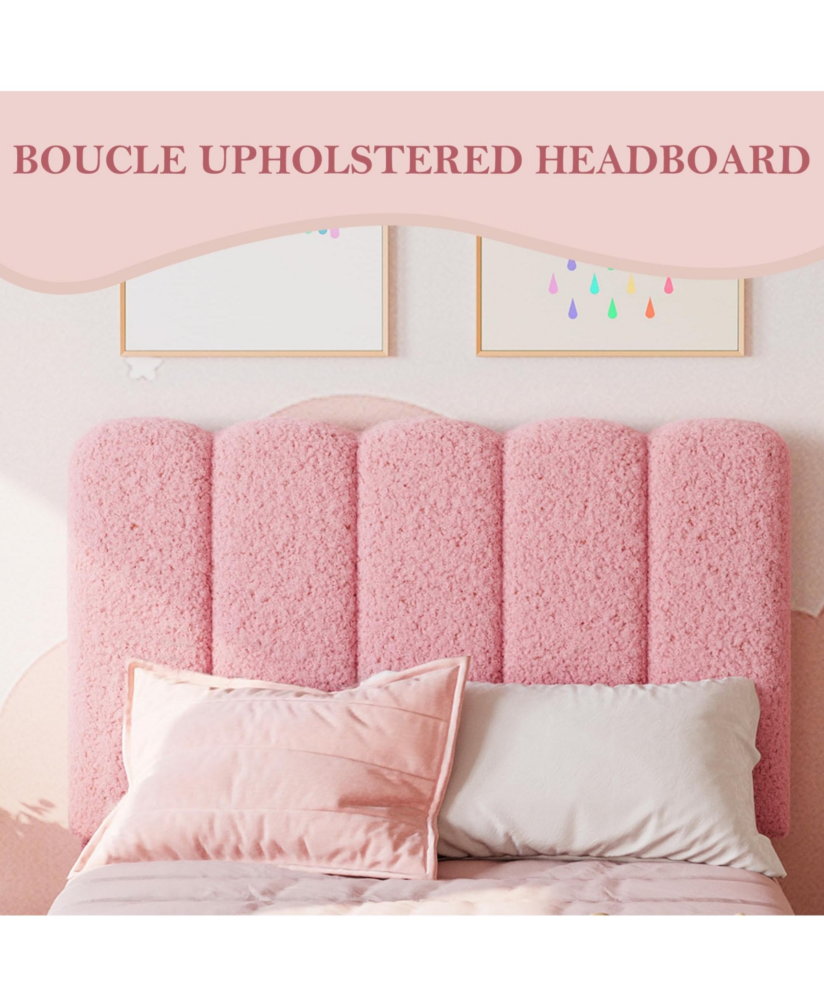 homfan 2 Piece Twin Bed Frame with Under-Bed Drawer, Upholstered Platform Bed with Wave Headboard for Kids, Wooden Slats Support