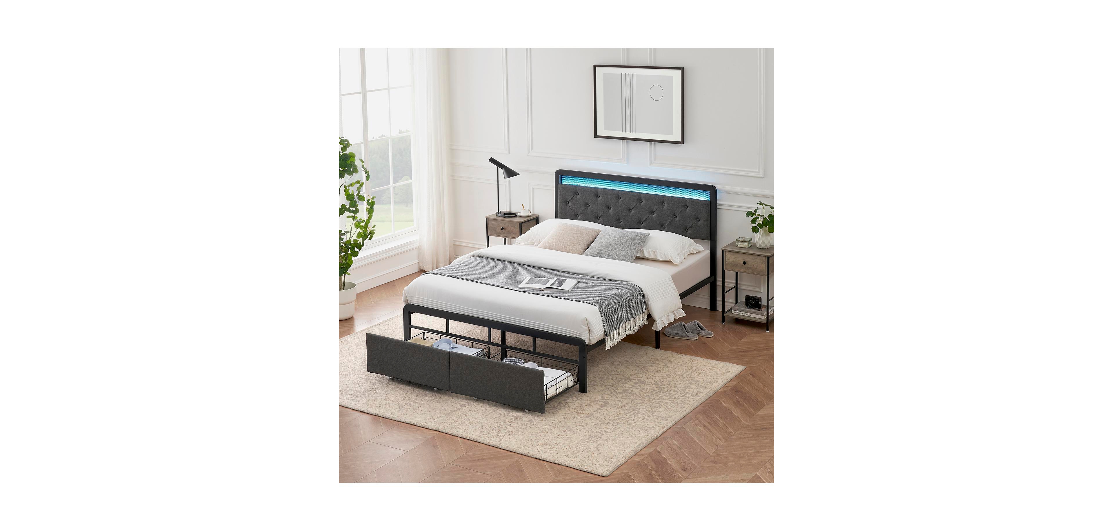 homfan Full Bed Frame with 2 Storage Drawers, Rgb Led Lights, Upholstered Button-Tufted Headboard, Easy Assembly, No Box Spring Needed