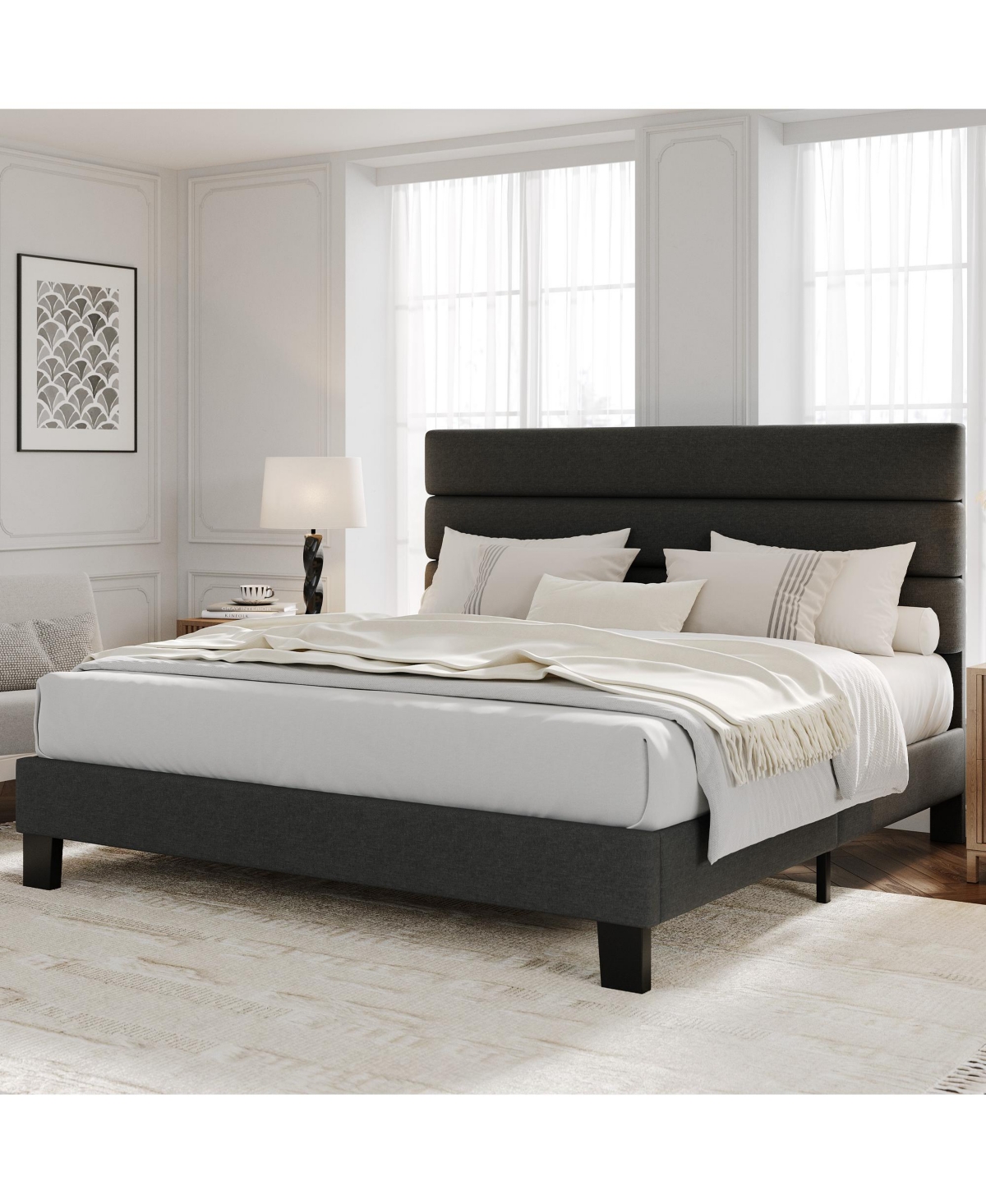 homfan Modern Platform Bed Frame, Adjustable Linen Headboard, Heavy Duty Wooden Slats, No Box Spring Needed