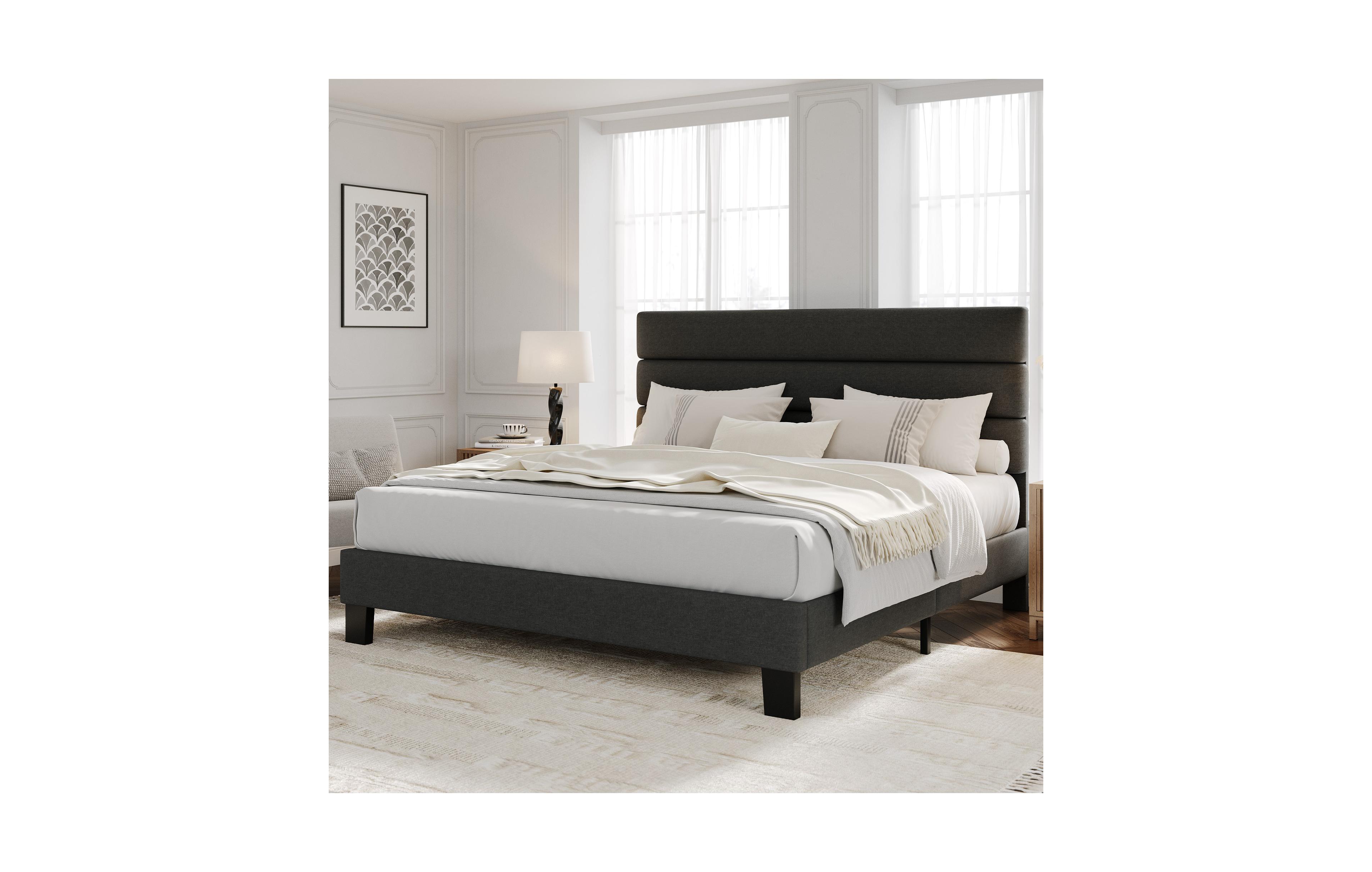 homfan Modern Platform Bed Frame, Adjustable Linen Headboard, Heavy Duty Wooden Slats, No Box Spring Needed