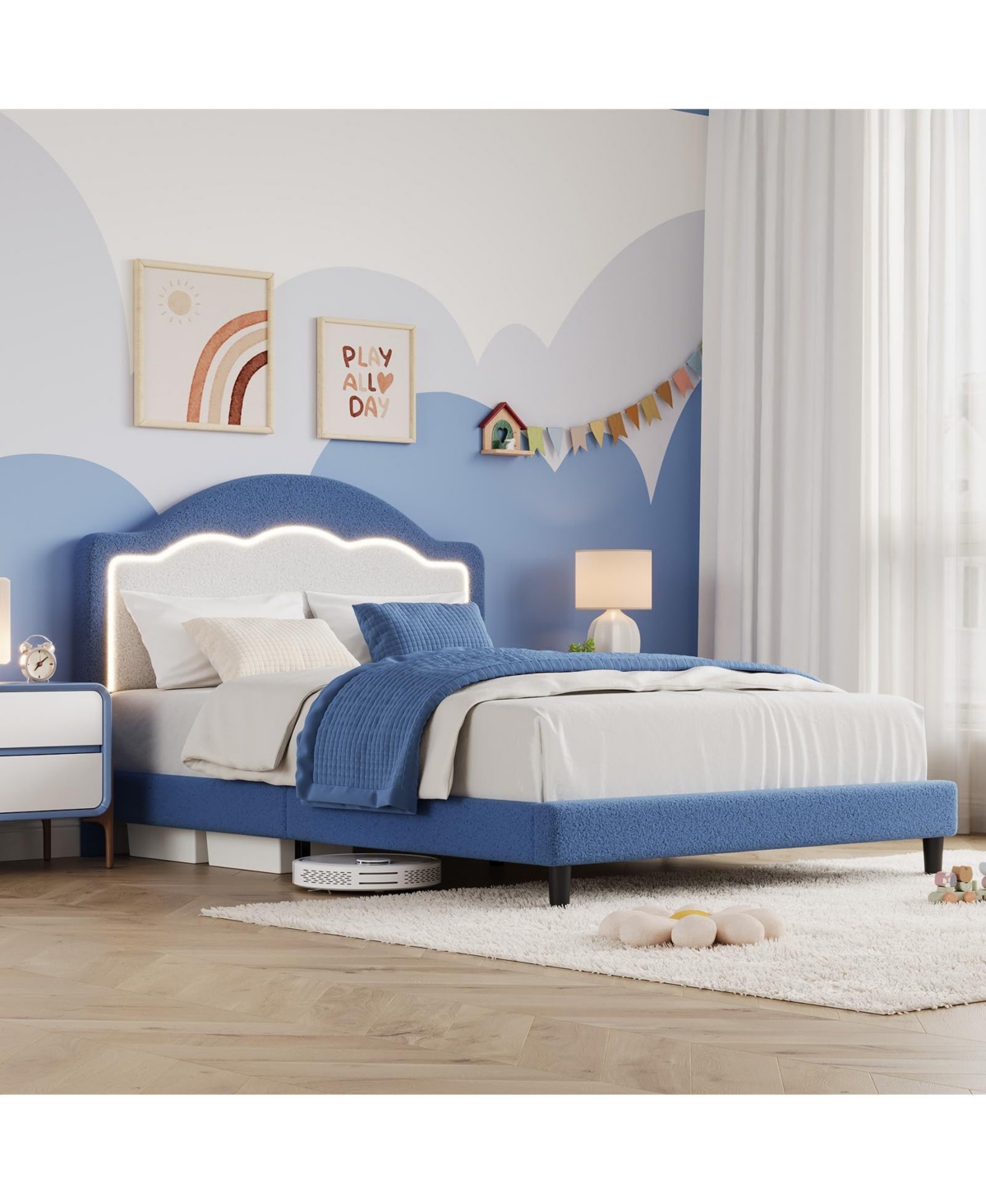 homfan Led Headboard Bed Frame with Soft Sherpa Upholstery, Staple Slat Support, Modern Boucle Styling, No Box Spring Required, Easy Assembly