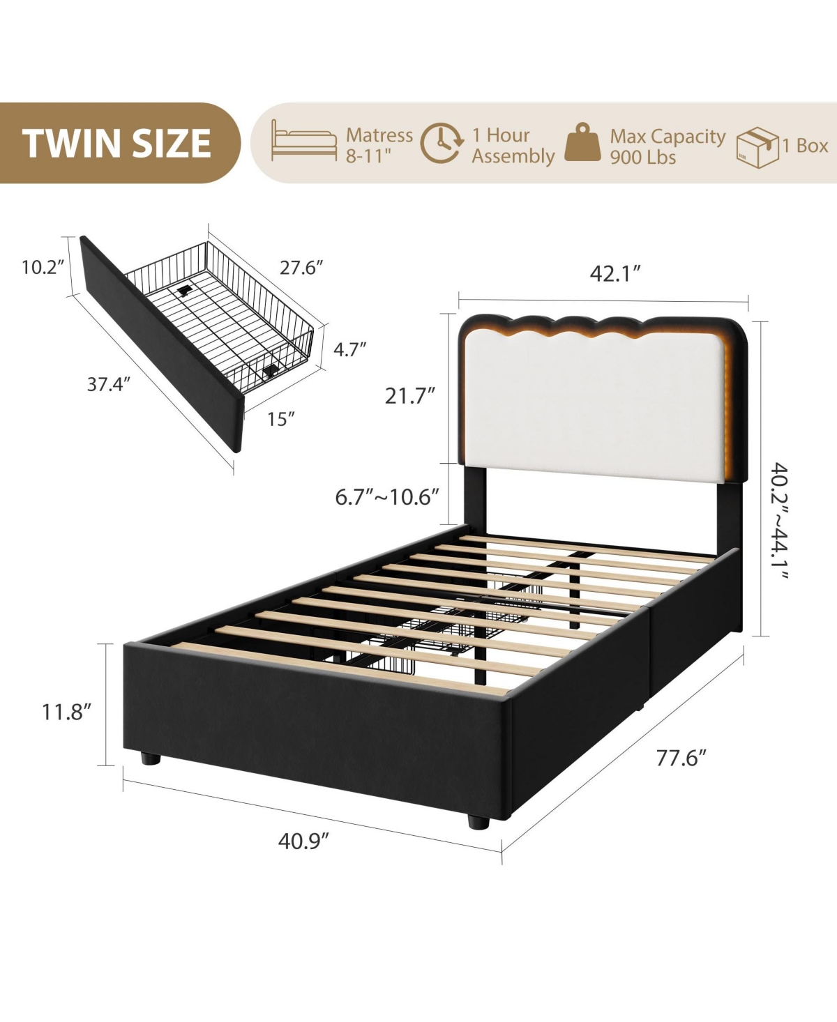 homfan Led Bed Frame with Storage Drawer and Adjustable Headboard, Velvet Princess Platform for Kids