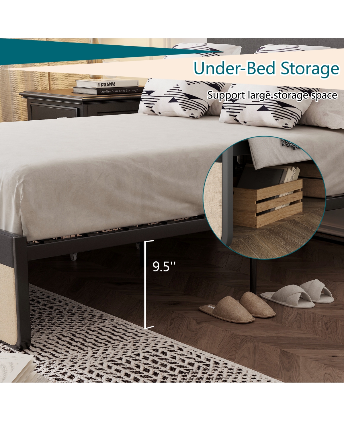 homfan Modern Upholstered Platform Bed, Queen Size, Linen Headboard, 2 Storage Drawers, Heavy-Duty Slats, Noise-Free