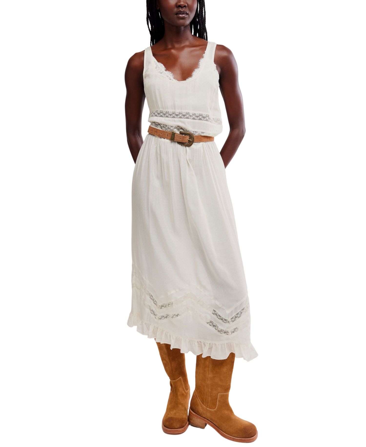 Women's Scoop Neck Voile & Lace Midi Dress