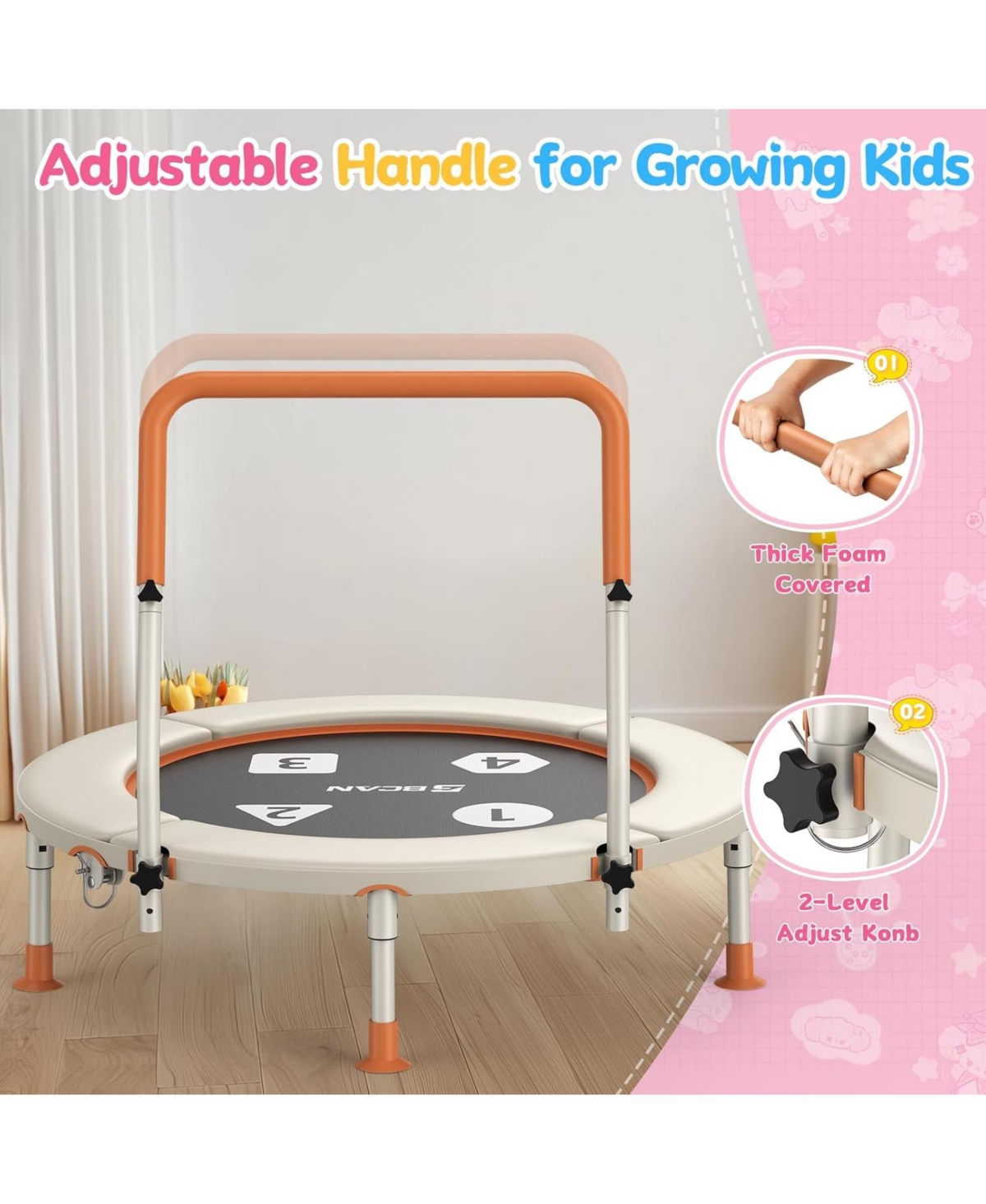 Bcan BT1 36" Toddler Trampoline, Astm Certified Foldable Kids Trampoline with Adjustable Handle, Indoor Outdoor Gift for 1-6 Years Old