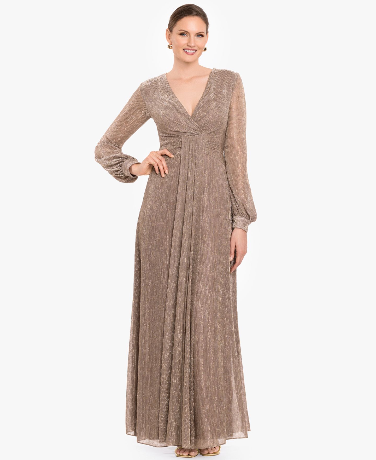 Женские платья Betsy & Adam Crinkled V-Neck Ball Gown, цвет: Серо-коричневый золотой — фото 1