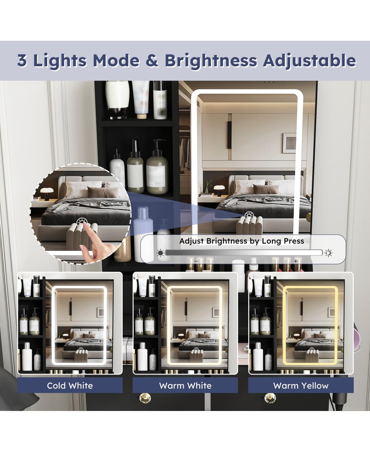 Streamdale Furniture Modern Vanity Desk with Led Mirror, 3 Drawers, Storage Shelves and Stool