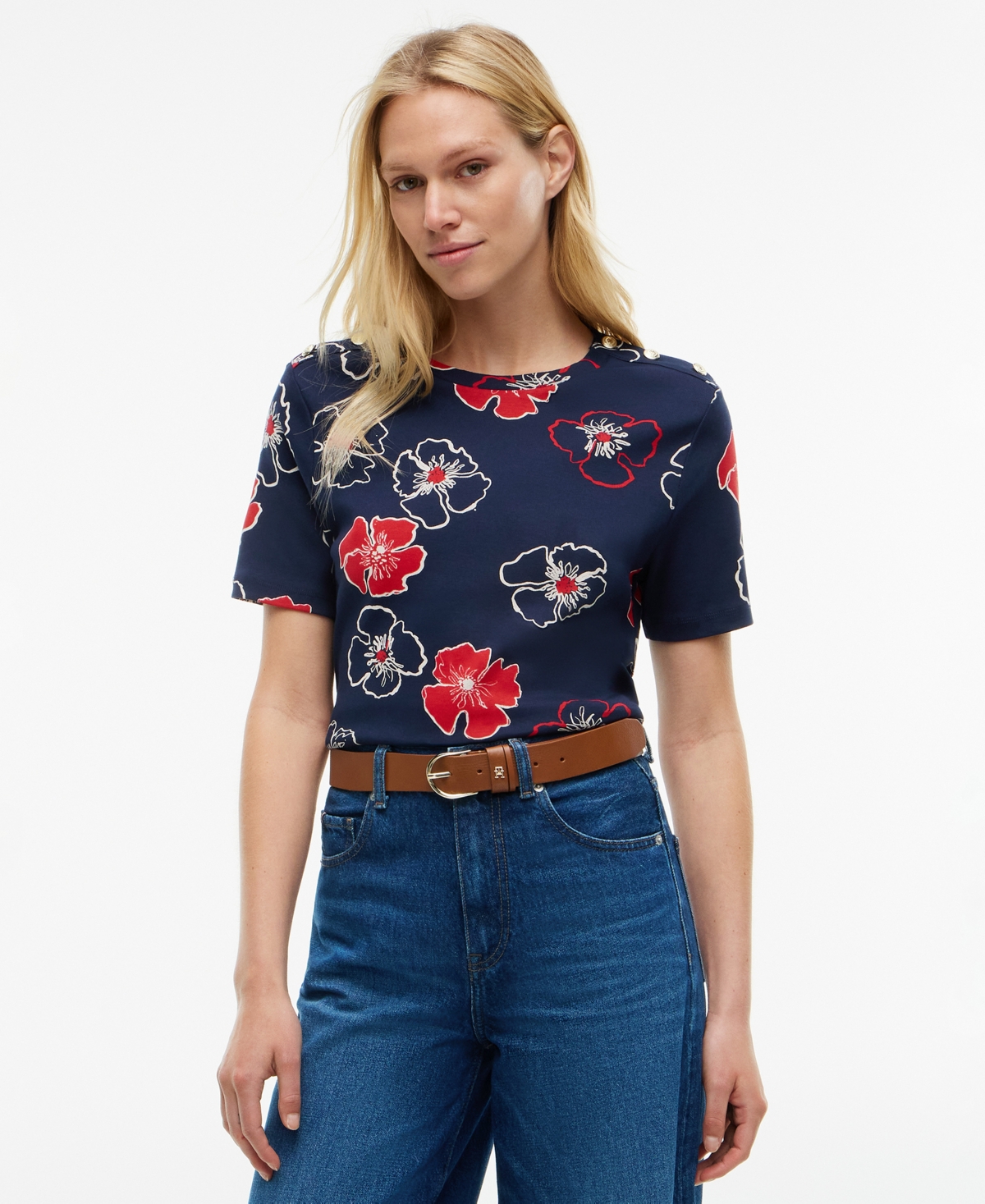 Tommy Hilfiger Women's Ribbed Boxy Crewneck T-Shirt - Solid Poppy Dark Night Navy