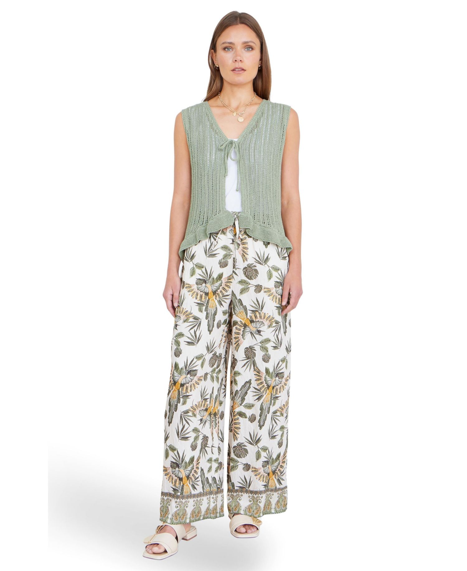Women's Bird Print Viscose Wide Leg Trousers