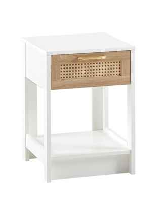 Rattan Nightstand, Wooden Bedside Table with Drawer and Open Storage Shelf, End Table for Living Room, Bedroom