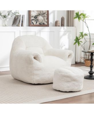 Bean Bag Chair With Footstool, Faux Fur Bean Bag Chair, with Filler Included, Soft Beanbag Chairs, Ergonomic, for Bedroom and Living Room