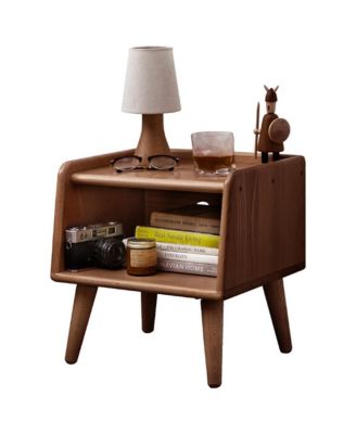Solid Wood Nightstand, Mid Century Modern Bedside Table with Open Storage Shelf for Bedroom, Living Room