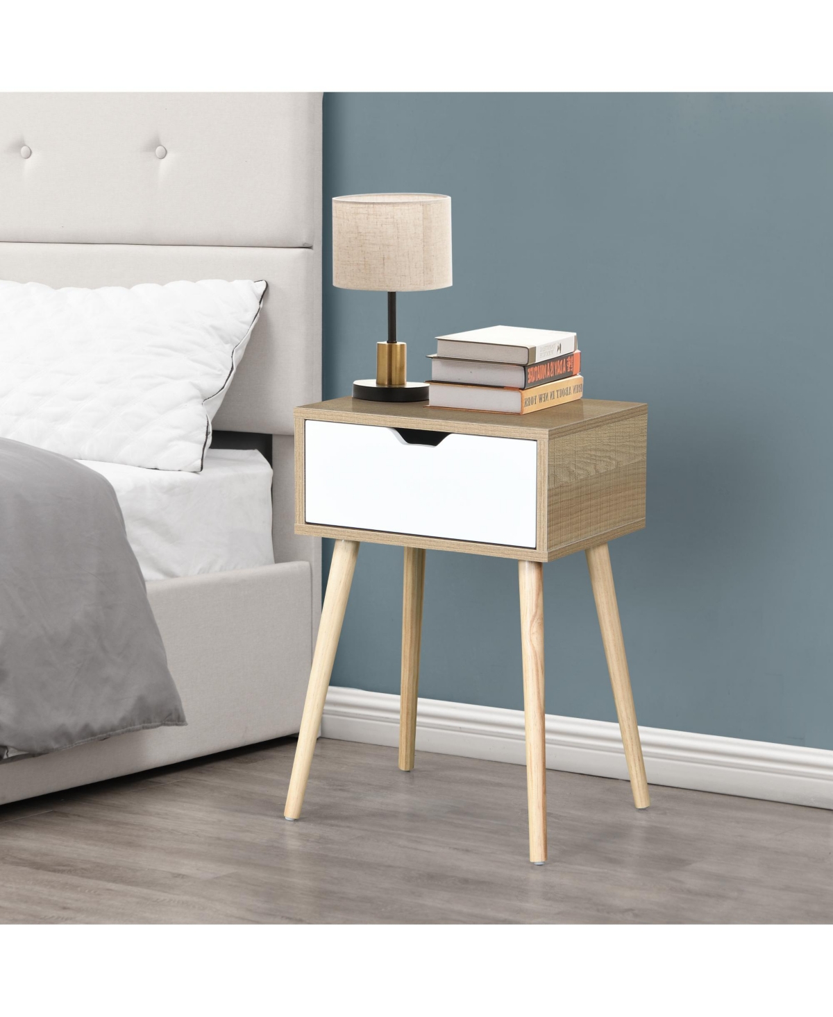 Rainsken Nightstand 1-Pc Mdf & Rubber Wood Drawer Storage Bedside Table