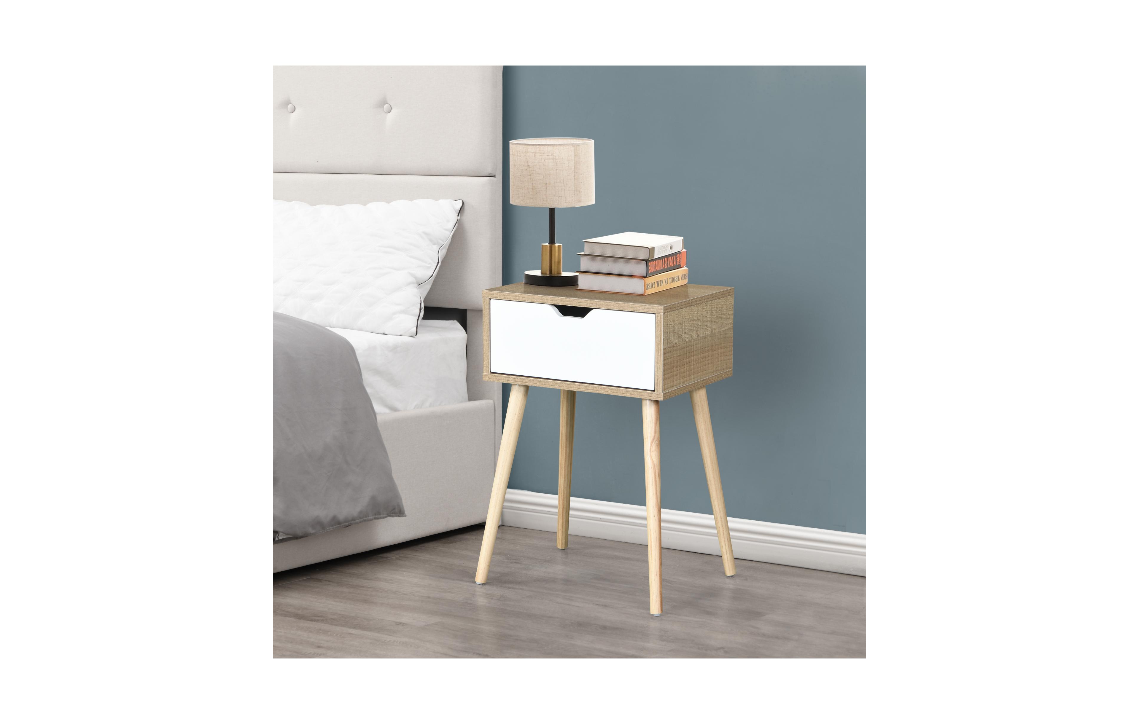 Rainsken Nightstand 1-Pc Mdf & Rubber Wood Drawer Storage Bedside Table