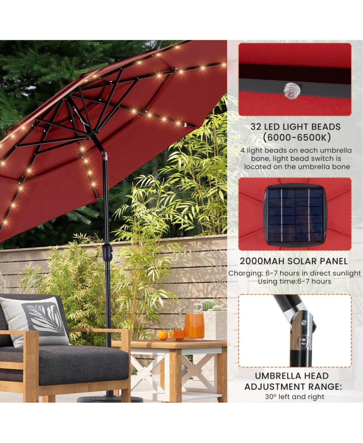 Yiortwo 9.2 Feet Solar Patio Umbrella with Led Lights 3 Tier Tilt Crank Outdoor