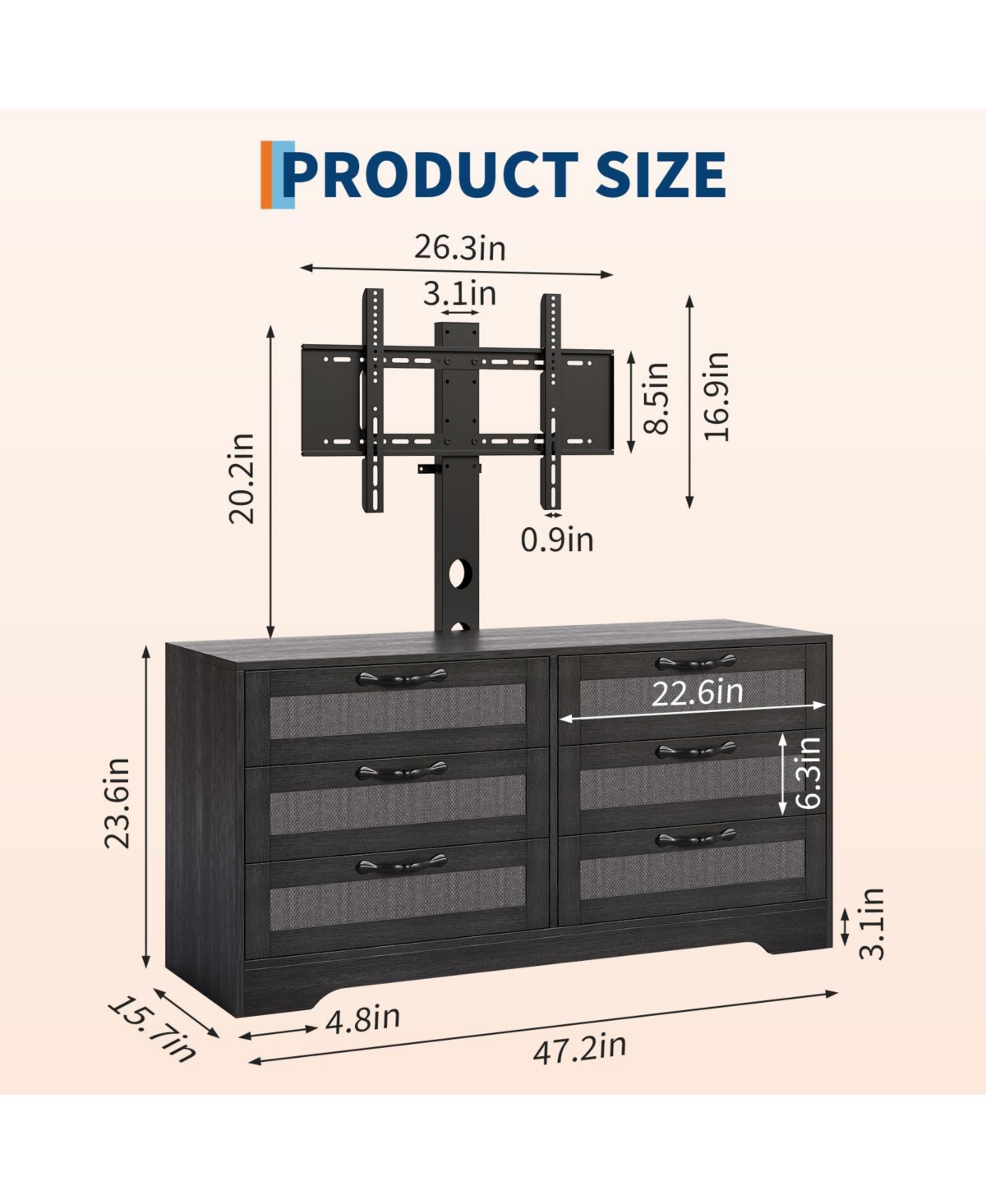 gaomon 47.2 Rattan Tv Stand with Mount for TVs 32–85", Modern Media Console with 6 Rattan Drawers and Adjustable Bracket