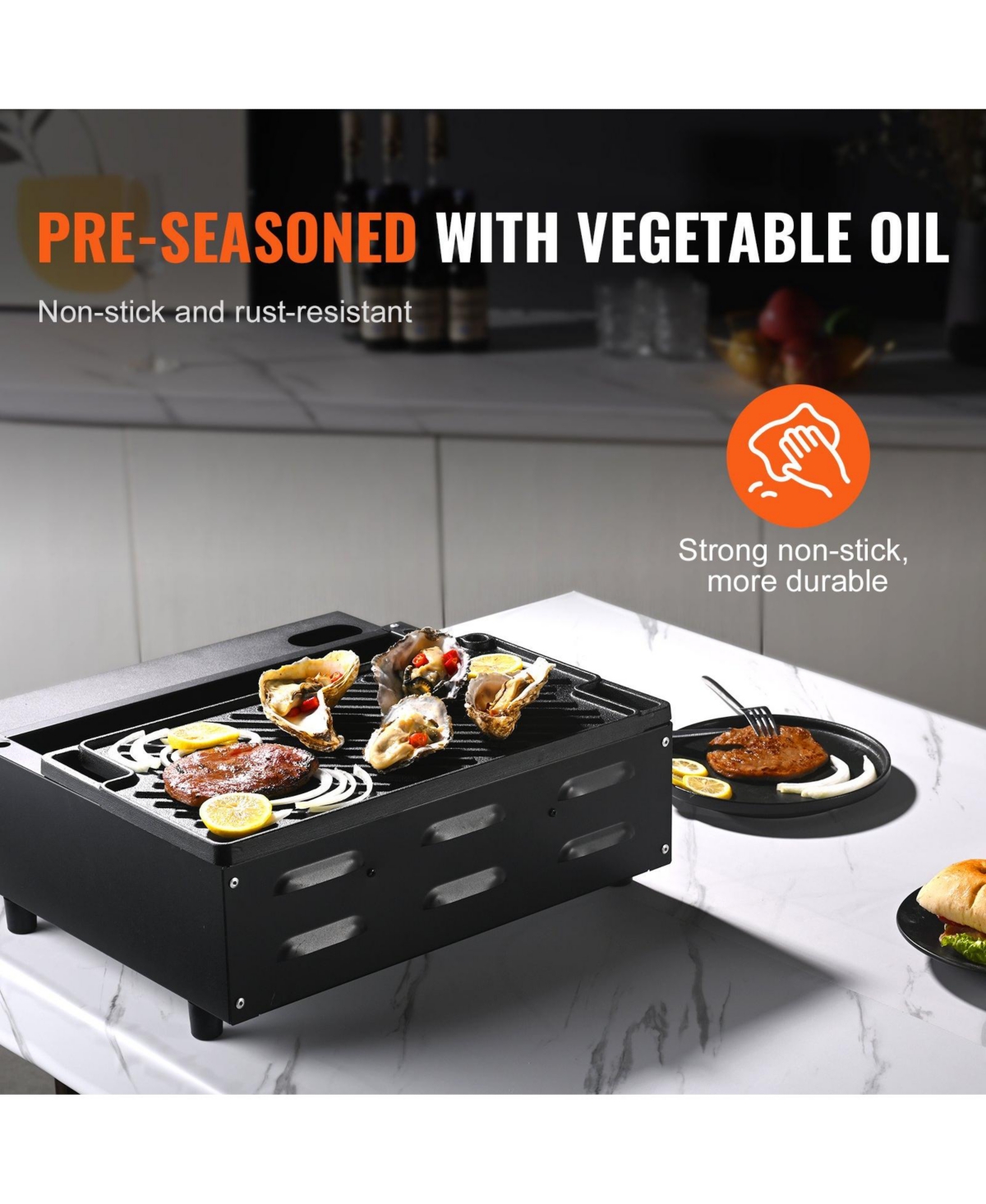 Cozito Reversible Grill/Griddle, 16.7 x 9.7 inches Pre-Seasoned Cast Iron Pan with Handles