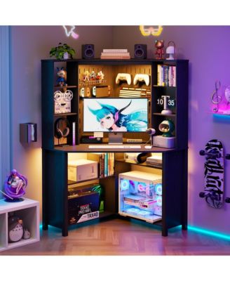 35×35 Inch Pentagonal Corner Desk, LED Lighting and USB Ports