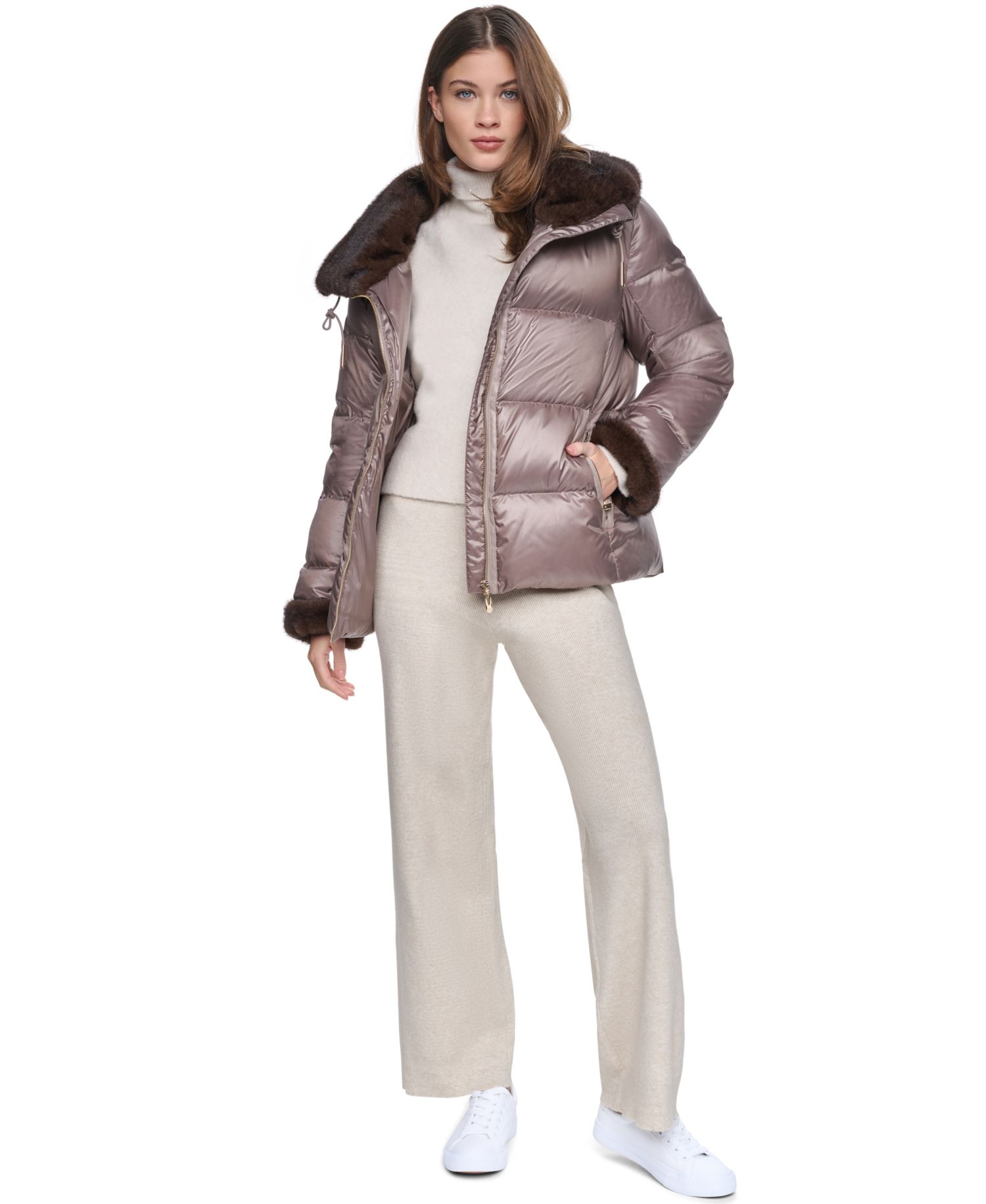Women's Short Faux Fur Cuffs and Collar Puffer