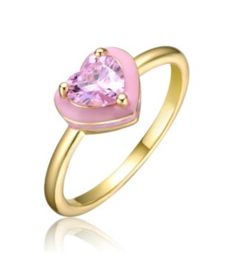 14K Gold Plated Pink CZ & Enamel Halo Heart Stacking Ring