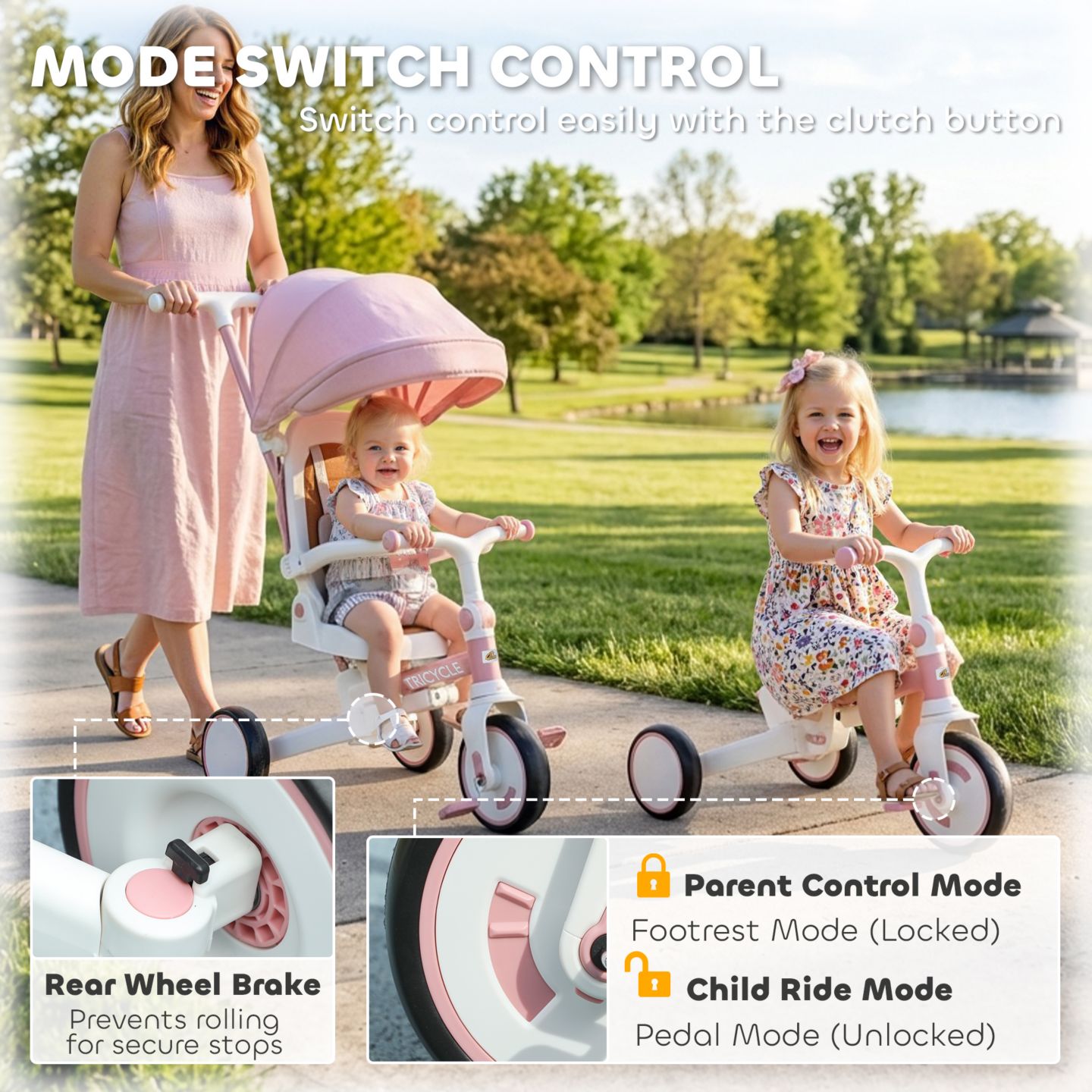 Детская игрушка Qaba 7-In-1 Tricycle Stroller with Adjustable Push Handle, Ages 1-5 Years, цвет: Розовый — фото 9