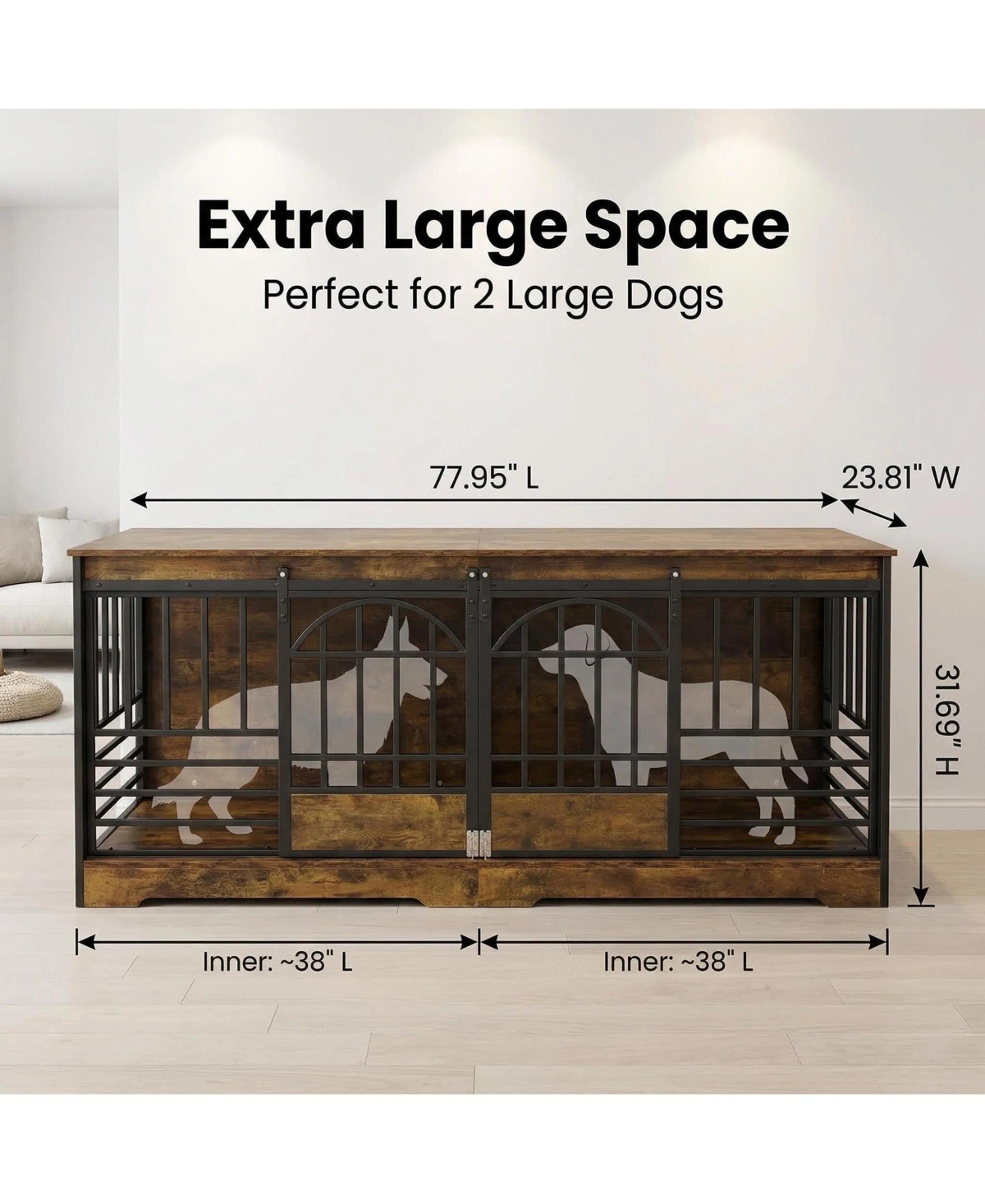 Gaomon Extra Large Double Dog Crate Wooden Kennel with Divider , End Table Tv Stand for X-Large Breeds