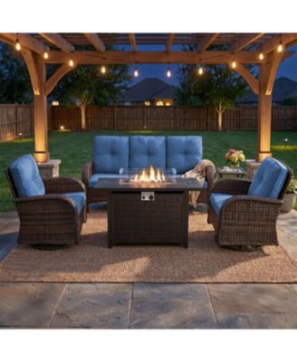 Patio Furniture Set with Fire Pit Table, Wicker Outdoor Sectional Sofa with Swivel Rocker Chairs, All-Weather Rattan Conversation Set