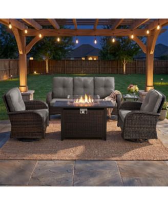 Patio Furniture Set with Fire Pit Table, Wicker Outdoor Sectional Sofa with Swivel Rocker Chairs, All-Weather Rattan Conversation Set
