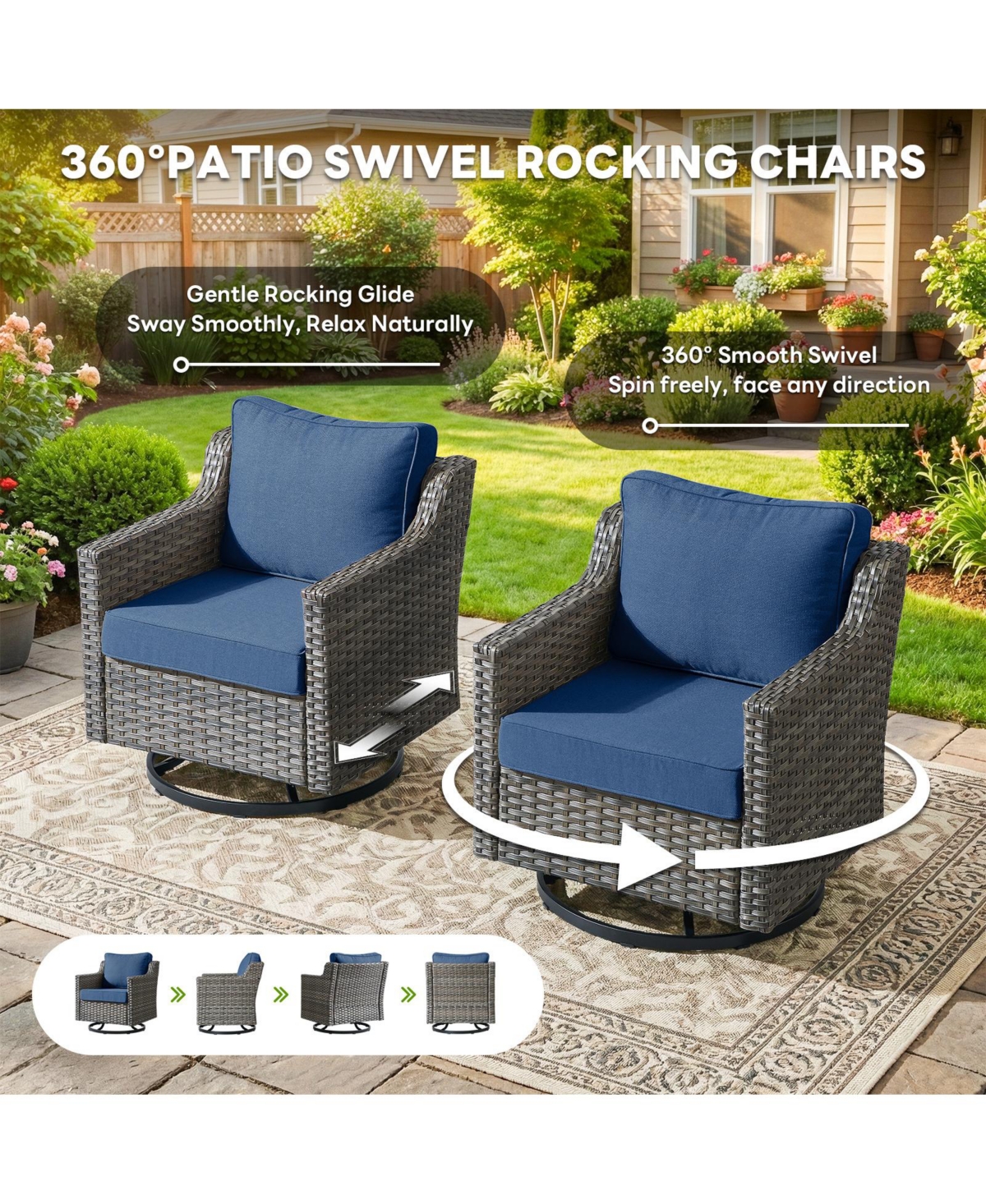 Pocassy 6 Pieces Patio Furniture Set, Outdoor Couch with Swivel Rocking Chair, Thick Cushion