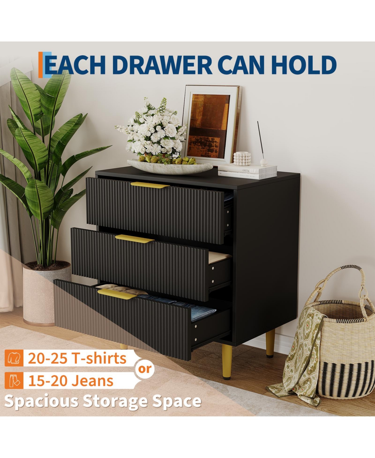 homfan Fluted 3-Drawer Dresser with Faux Marble Top, Gold Handles, Metal Legs, and Storage for Bedroom, Hallway, or Entryway