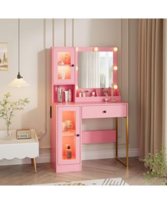 Vanity Desk with Mirror Lights Dressing Table With Adjustable Bulbs Outlets and USB Ports MDF Top and Metal Leg Storage Drawers & Cabinets
