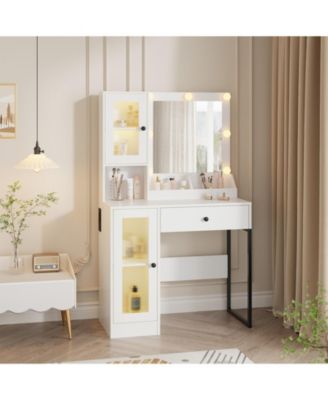 Vanity Desk with Mirror Lights Dressing Table With Adjustable Bulbs Outlets and USB Ports MDF Top and Metal Leg Storage Drawers & Cabinets