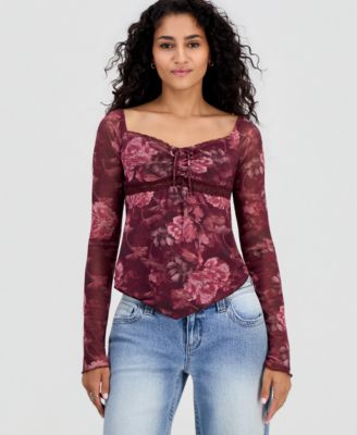 Juniors' Sweetheart-Neck Long-Sleeve Mesh Top