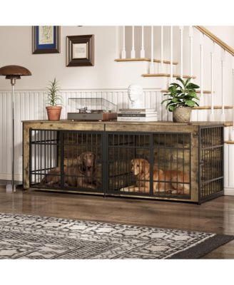Wooden Dog Crate Furniture 4 Doors with Storage, Heavy Duty Indoor Pet Cage for Large Dogs, Decorative End Table Design
