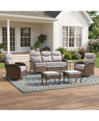 Patio Furniture Set Wicker Conversation Set Rocking Bistro Set with Sofa, Coffee Table, Tempered Glass Side Table and Ottoman