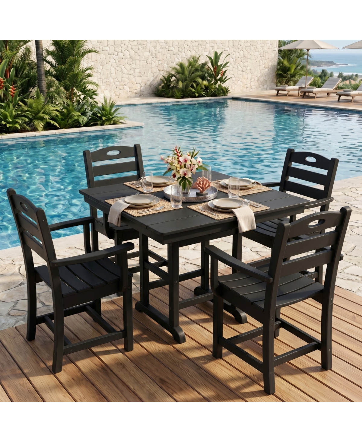 Streamdale Furniture Piece Black Hdpe Outdoor Patio Dining Set with Square Table