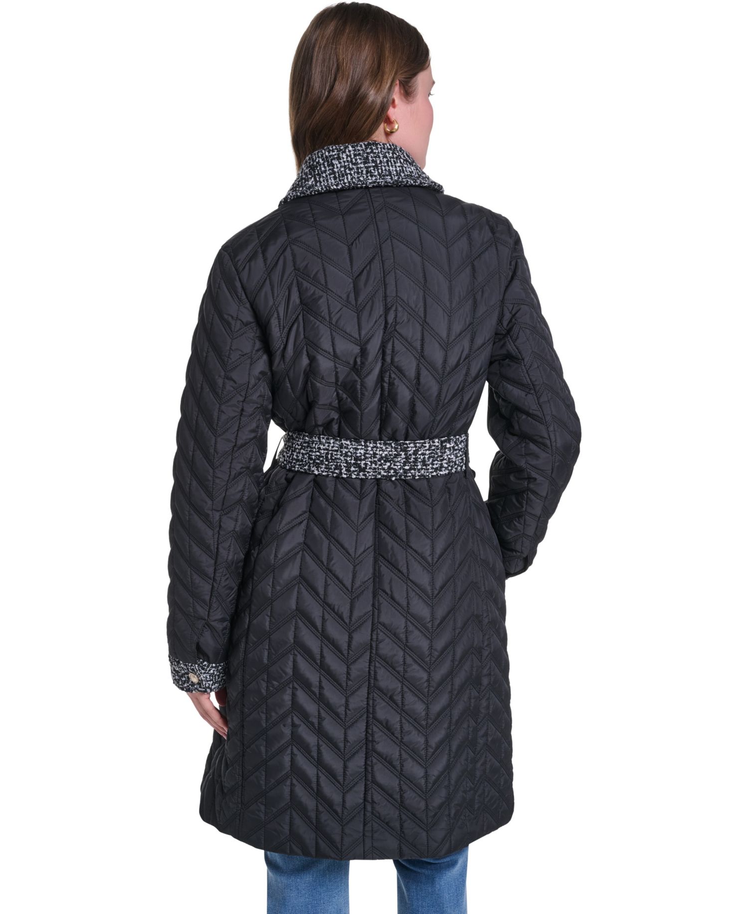 Women's Long Quilted Tweed-Trim Coat