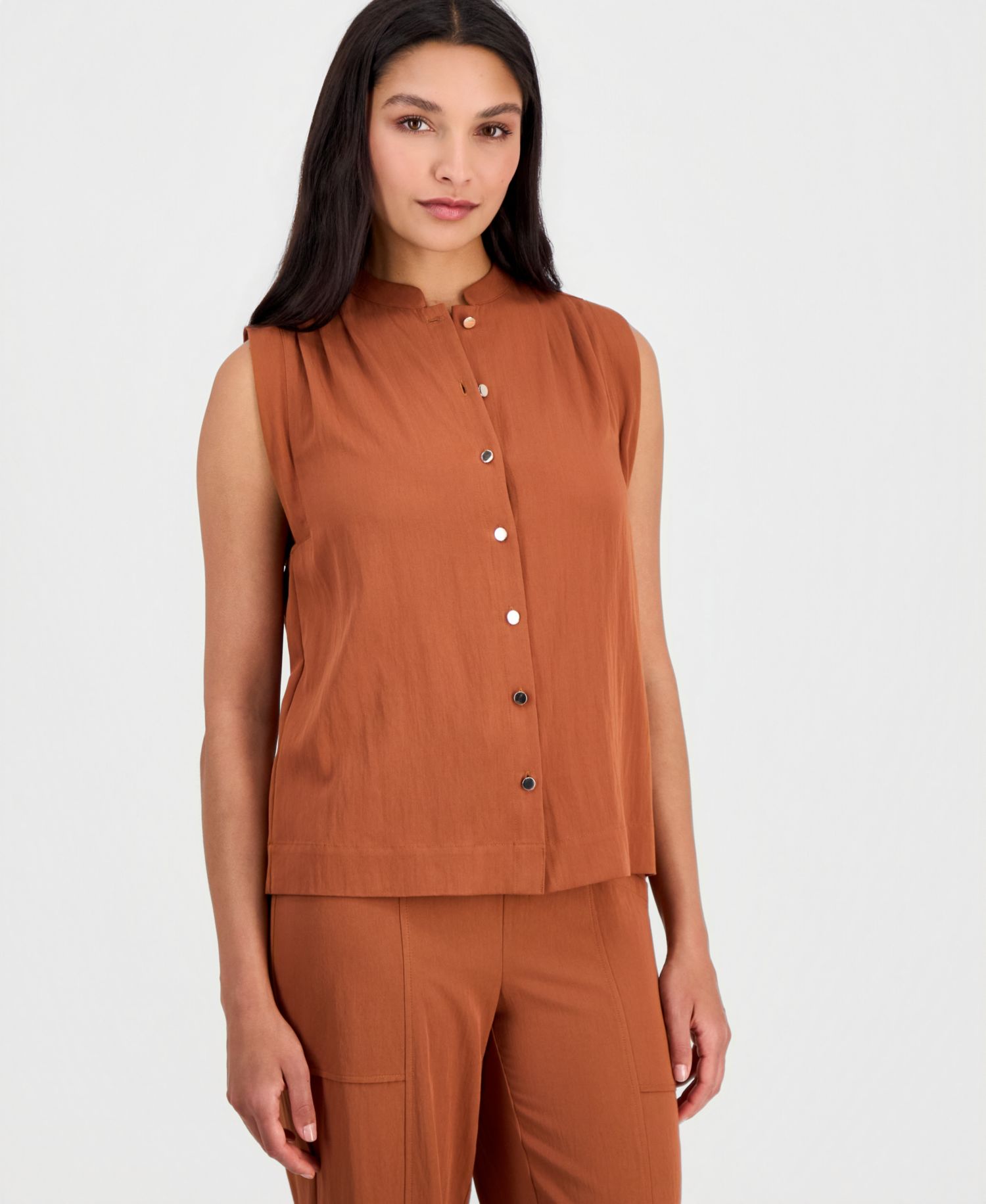 Women's Button-Front Sleeveless Top, Regular & Petite