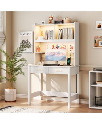 Computer Desk with Hutch, Adjustable 3-Color LED Light, Pegboard Design, Storage Drawers and Shelves for Home Office