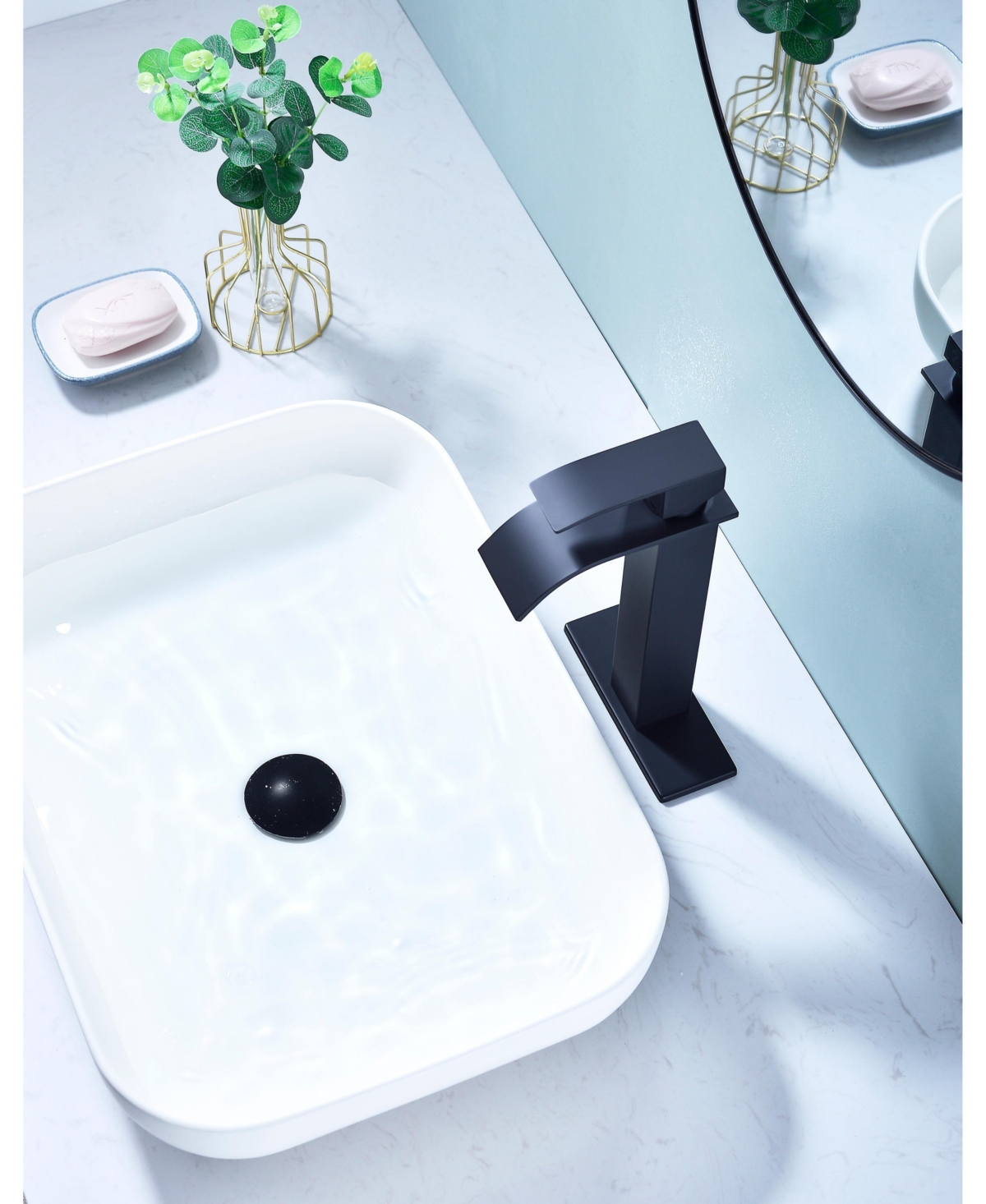 Phying Waterfall Spout Bathroom Sink Single Handle Faucet with Pop-Up Drain