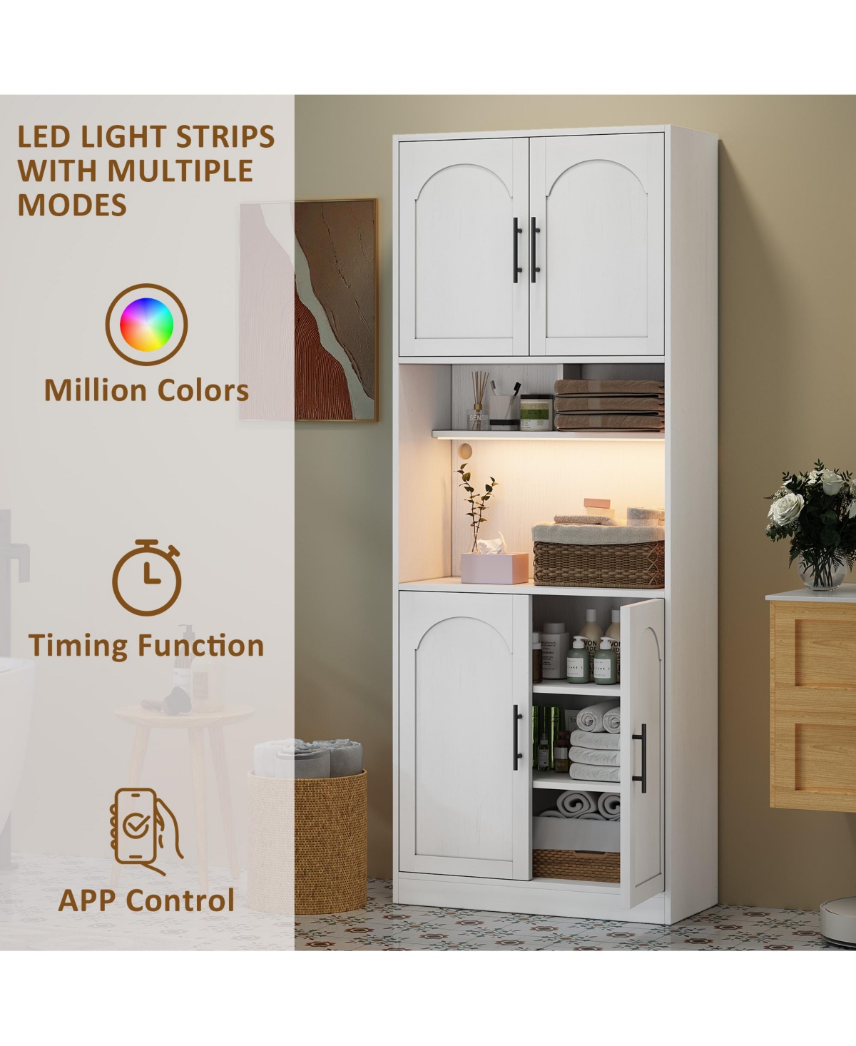 homfan 71" Tall Pantry Cabinet with Led Lights – Modern Kitchen Storage Hutch – Microwave Shelf – Adjustable Shelves – for Dining, Living Room