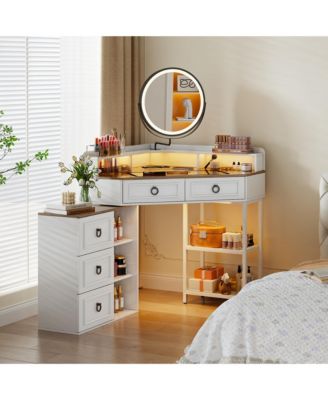 Corner Vanity Desk with Rotating Mirror and Lights